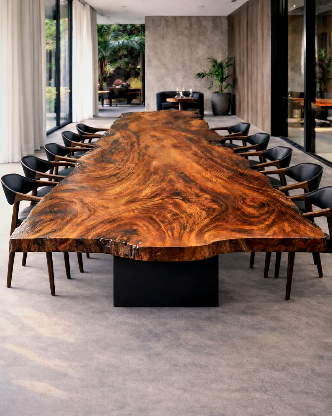 Monkeypod live edge slab dining table with richly figured timber in an architectural dining room