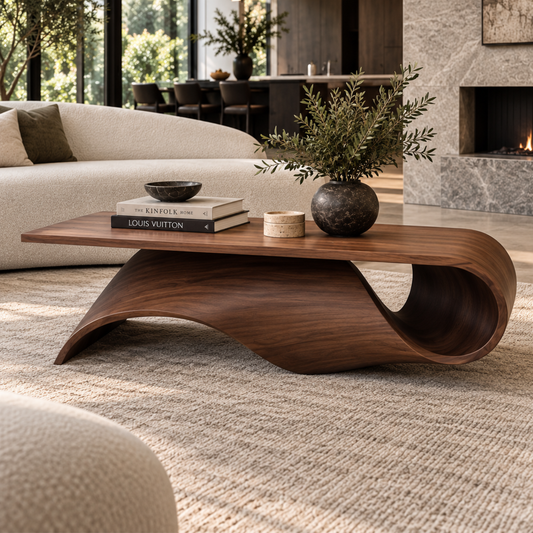 Avelon Sculptural Coffee Table with flowing timber curves, styled beside a cream sofa in a refined living room