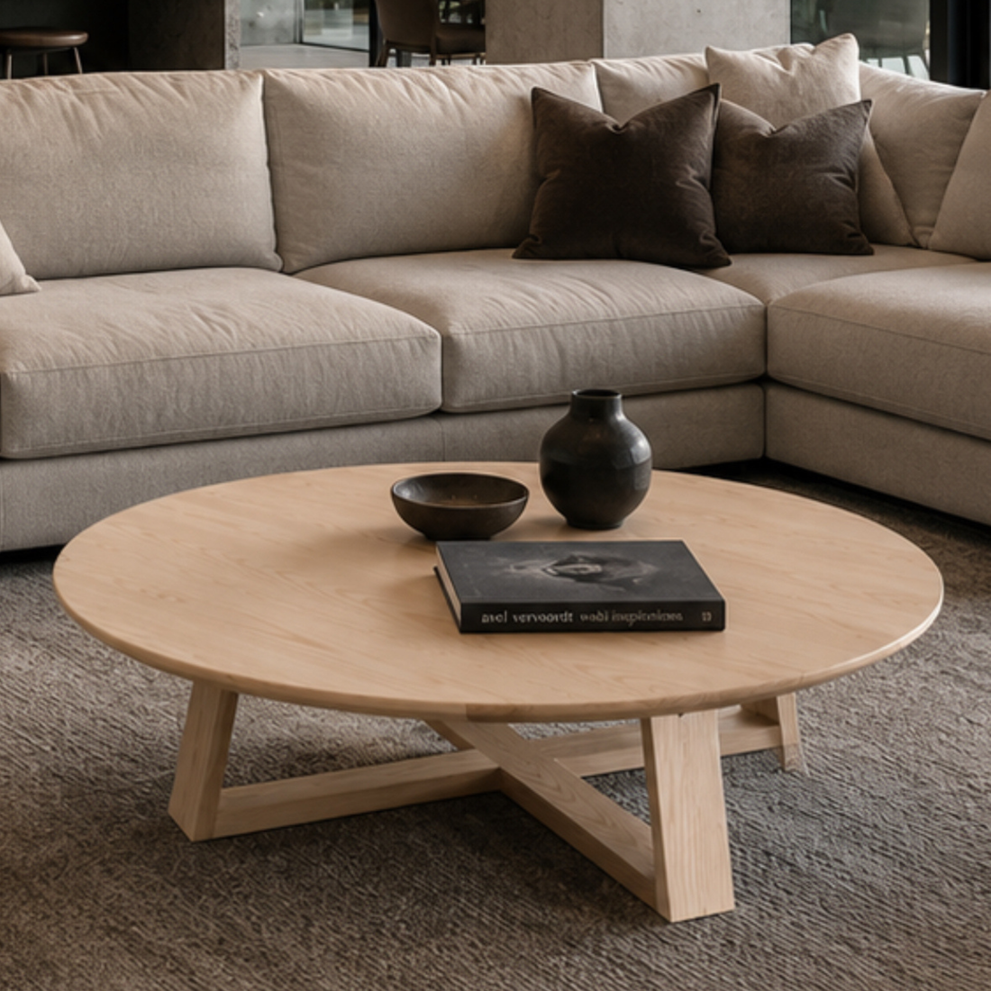 Nordic round timber coffee table styled with a book, bowl and dark vase beside a neutral sofa